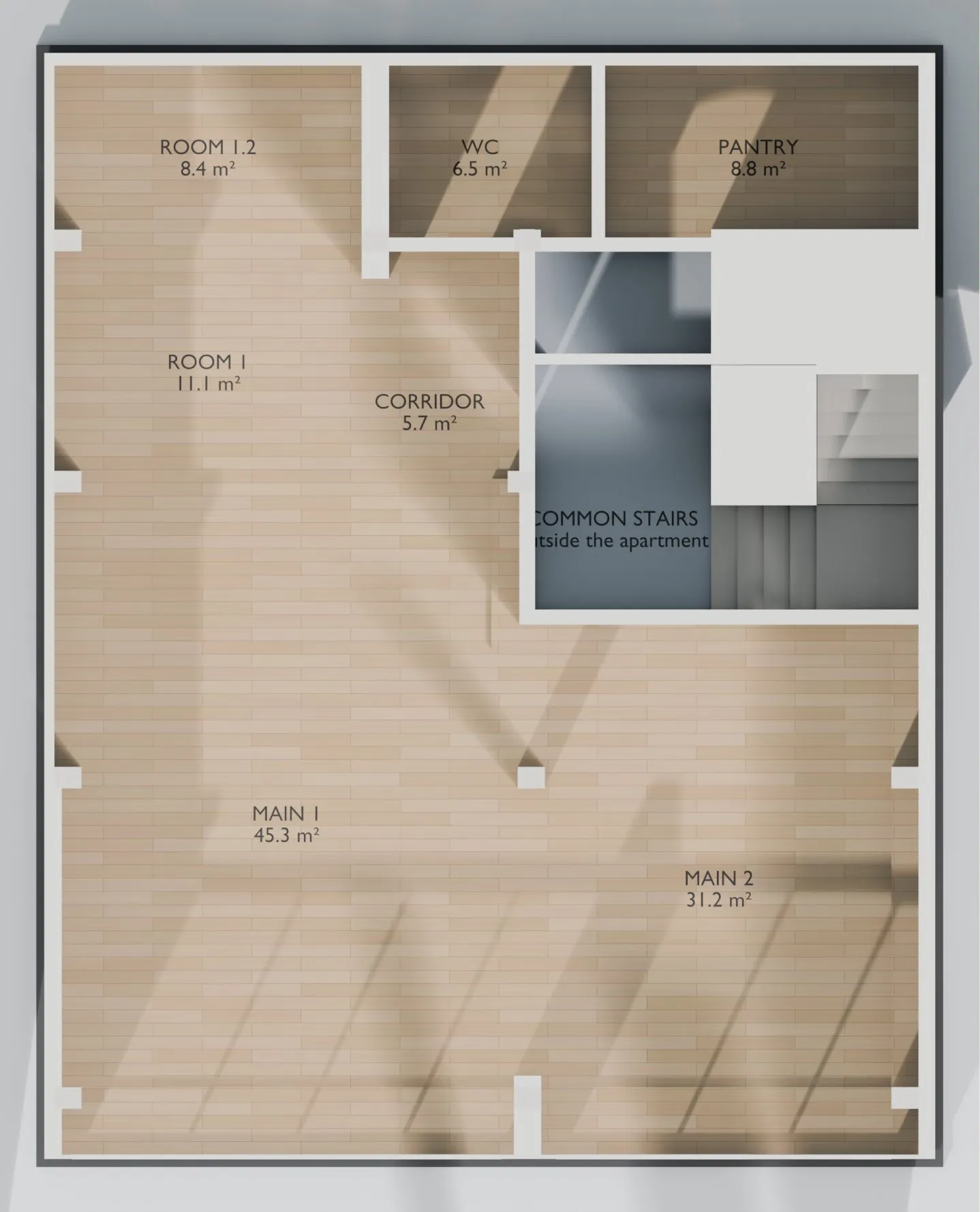 The same plan from above, with wooden floors