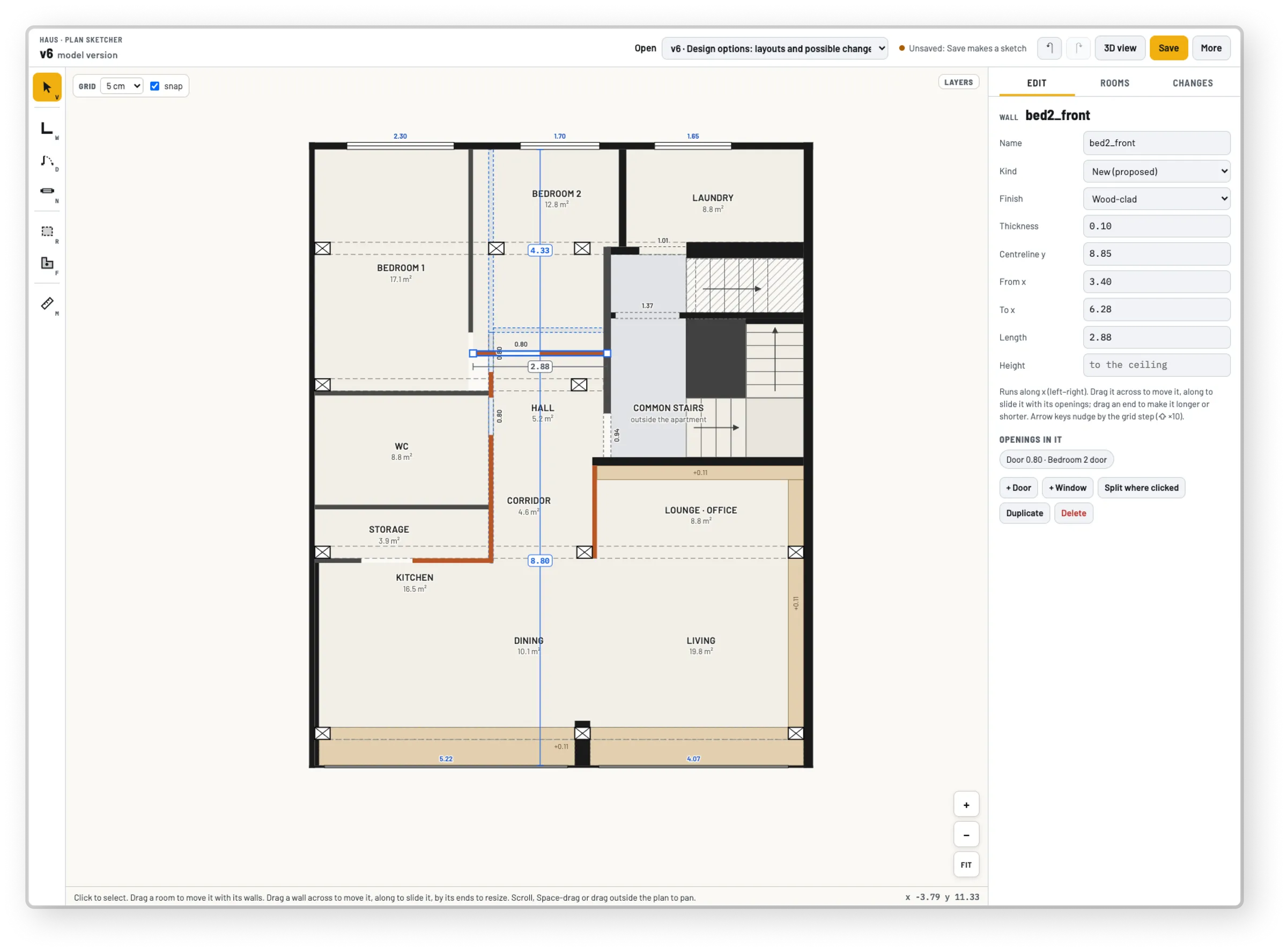 The sketch tool, a plan being redrawn, with a wall's properties beside it