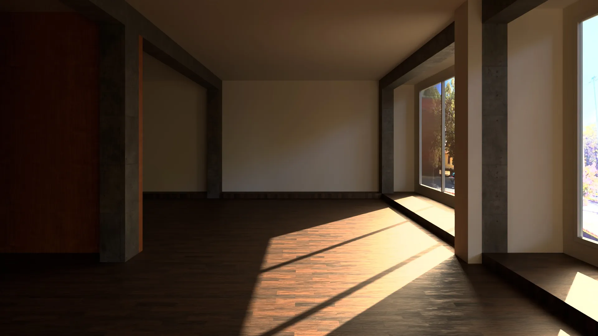 A render of an empty room with a wooden floor, sun through tall windows