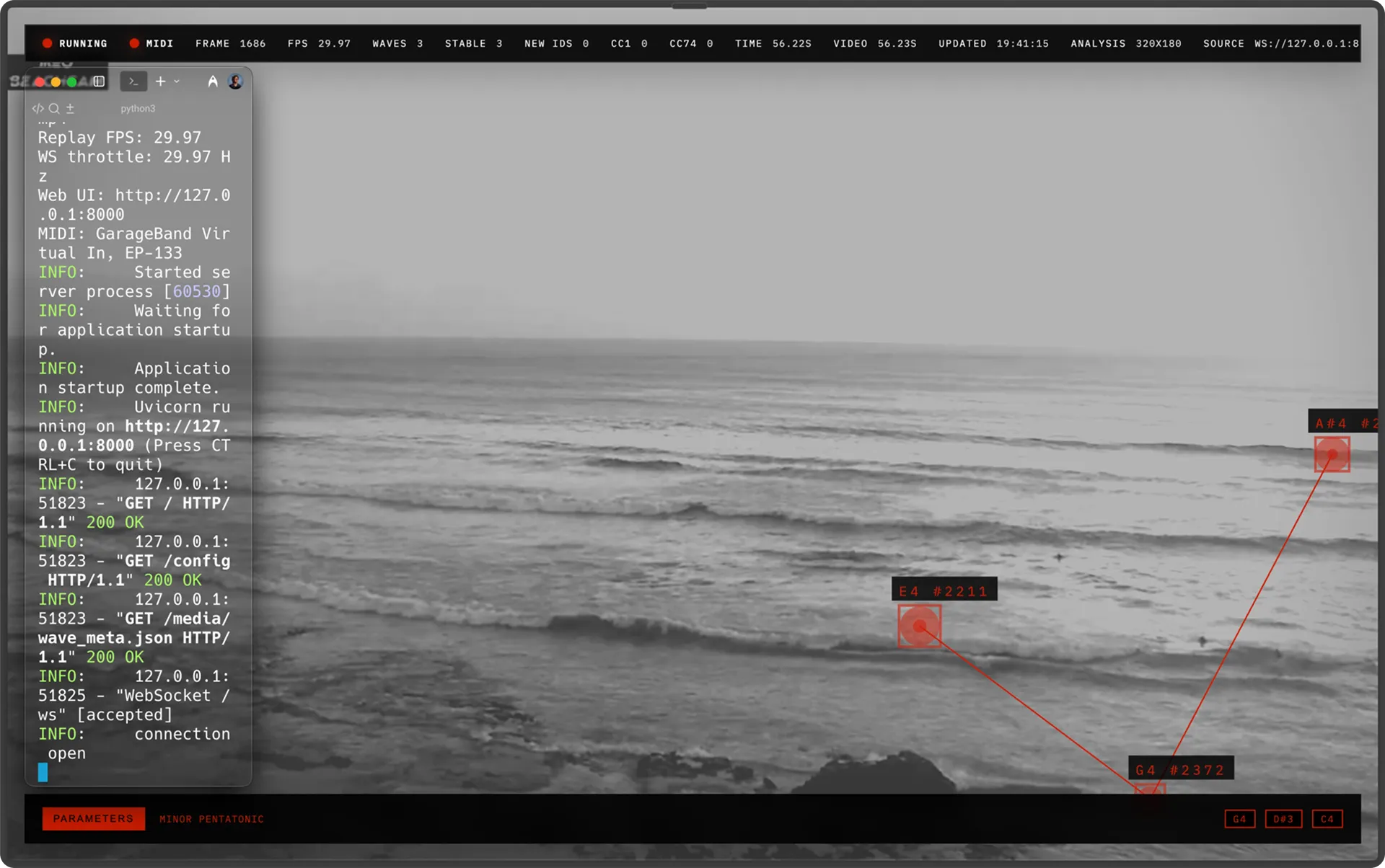 The pipeline tracking three waves on the beach cam, each boxed in red, beside its server log